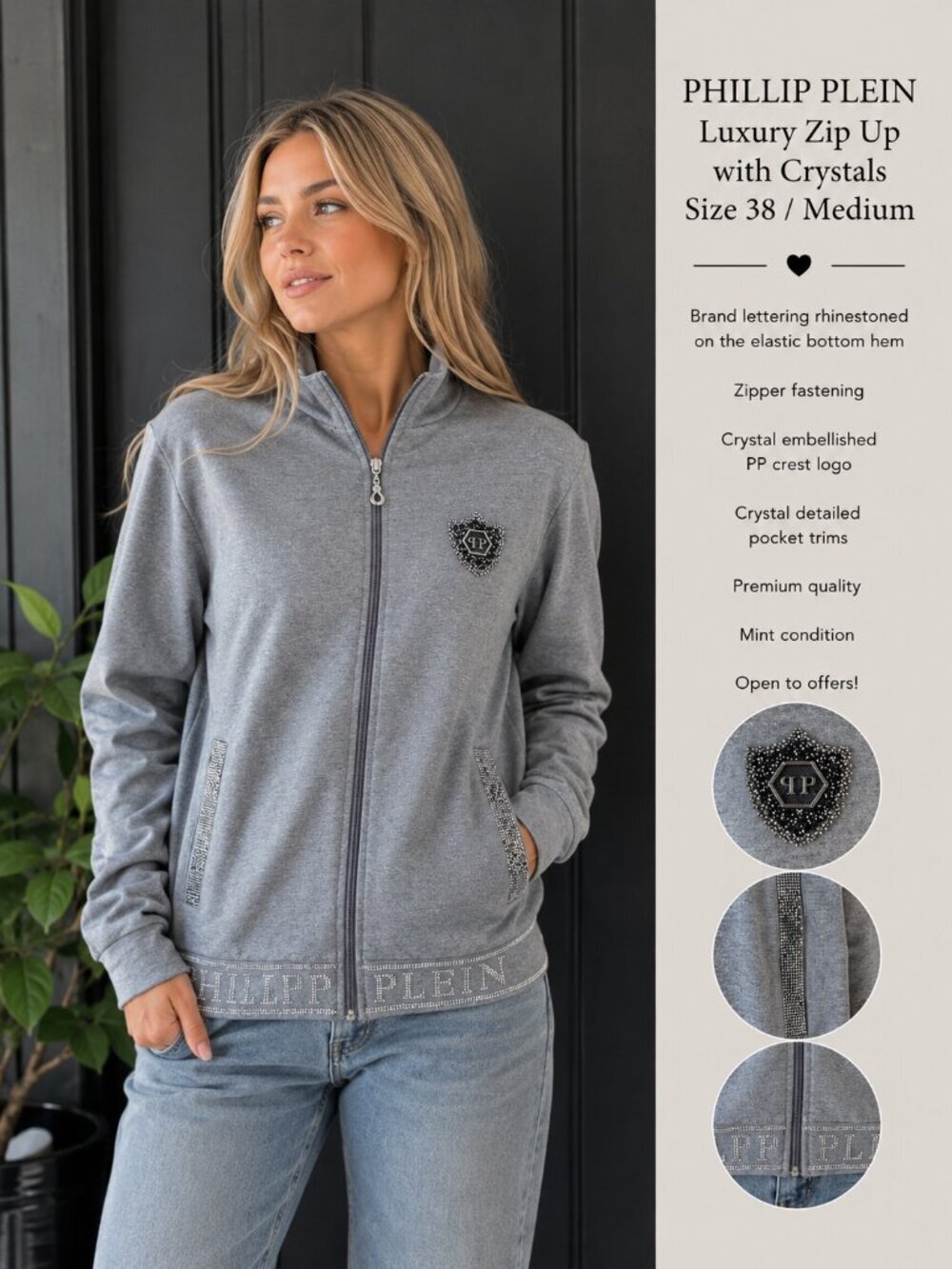PHILLIP PLEIN • Luxury • Zip Up with crystals • SIZE 38 or Medium